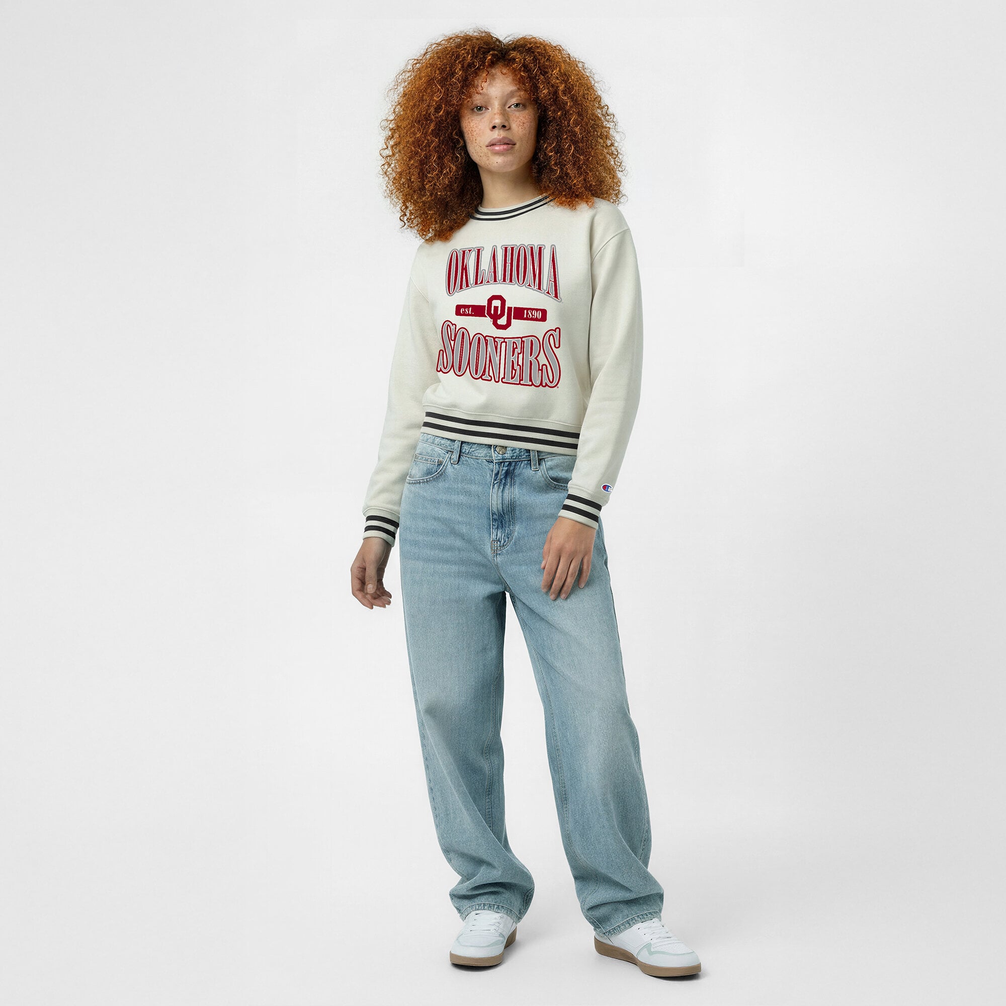 Women's Champion White Oklahoma Sooners Yarn Dye Rib Reverse Weave Crew Sweatshirt